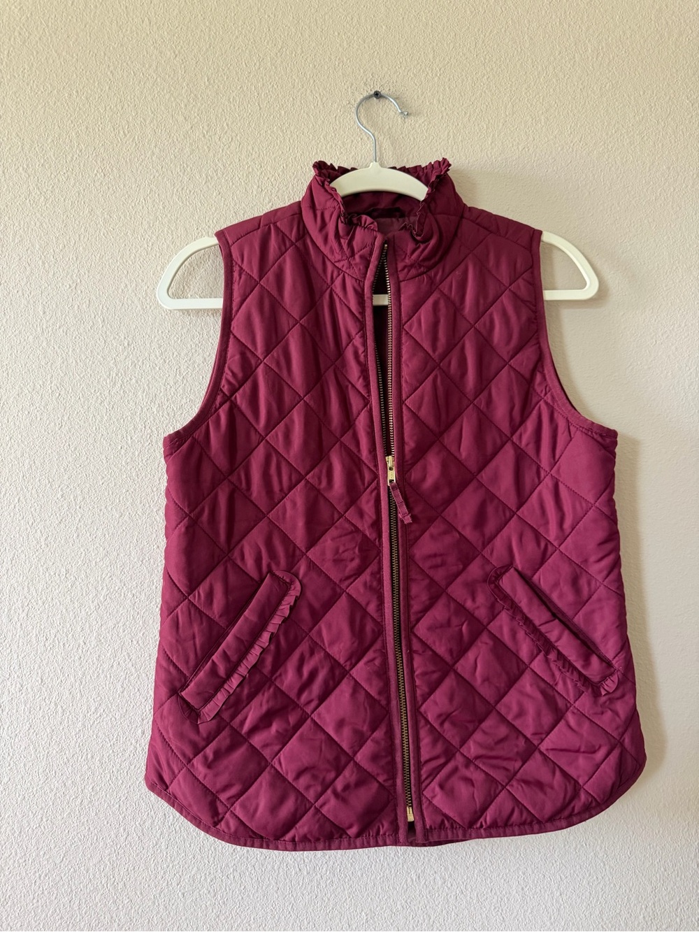 J. Crew Quilted Burgundy Sleeveless Vest with Ruffled Collar